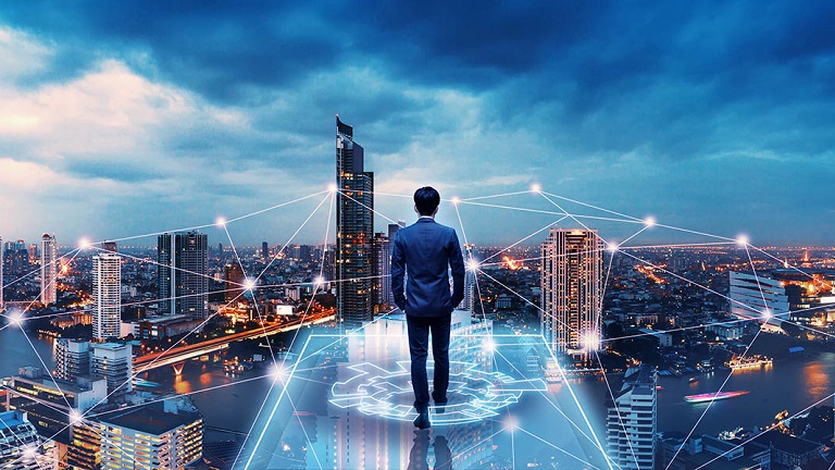 Illustration of a person locking at the city illuminated by the lights
