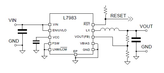 Figure 5 - A typical application circuit for the ST L7983 illustrating its minimal external component approach (source ST) Figure 5 - A typical application circuit for the ST L7983 illustrating its minimal external component approach (source ST)