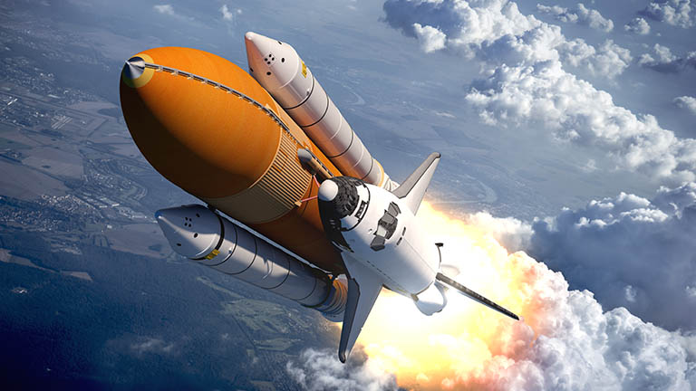 A space rocket flying through the atmosphere