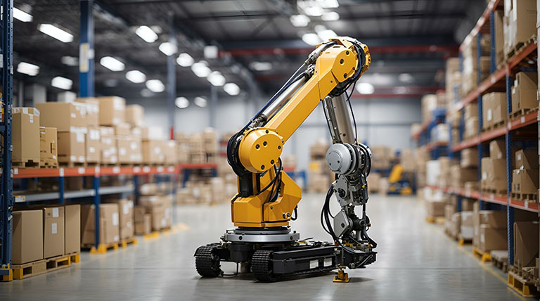A-robot-working-alone-in-a-warehouse