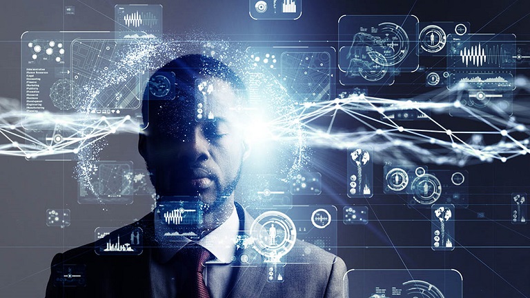 Image of a person connecting virtually with the things via thoughts 