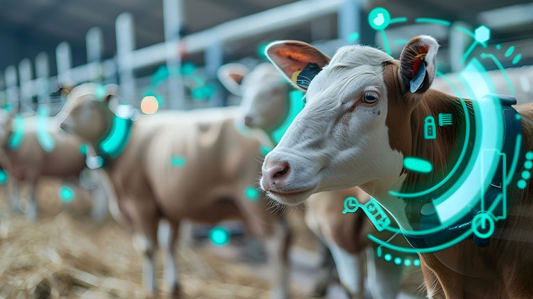 Cows with a graphic overlay implying the use of technology in dairy farms