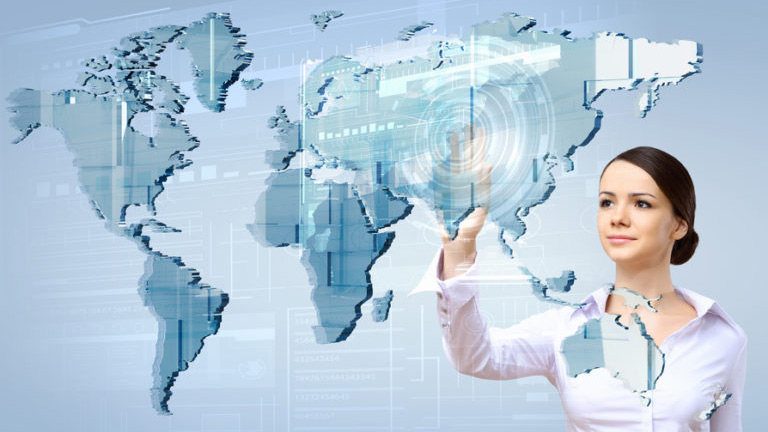 professional woman touching world map