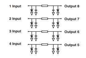 The functional diagram of a 4-line EMI and ESD protection IC, ST EMIF04-1005M8