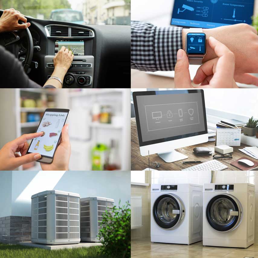 Collage of 4 different types of automation like a home security device