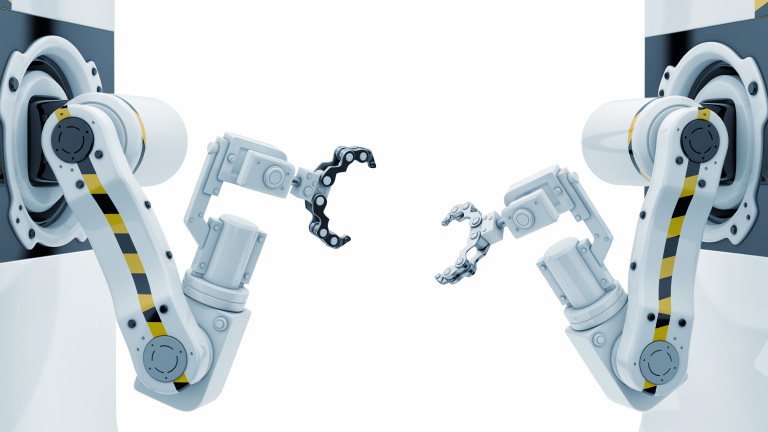 Two robots about to shake hands
