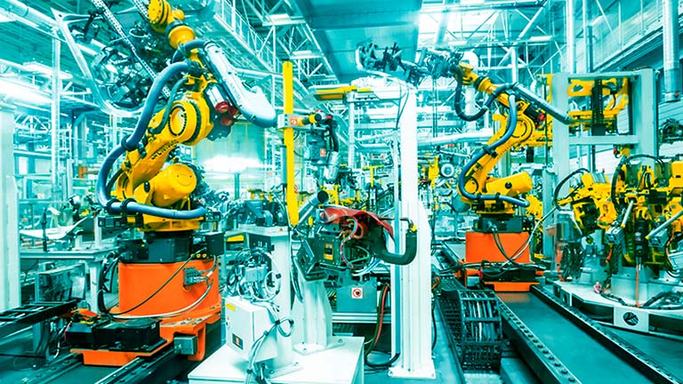 A manufacturing production line operating with autonomous robots