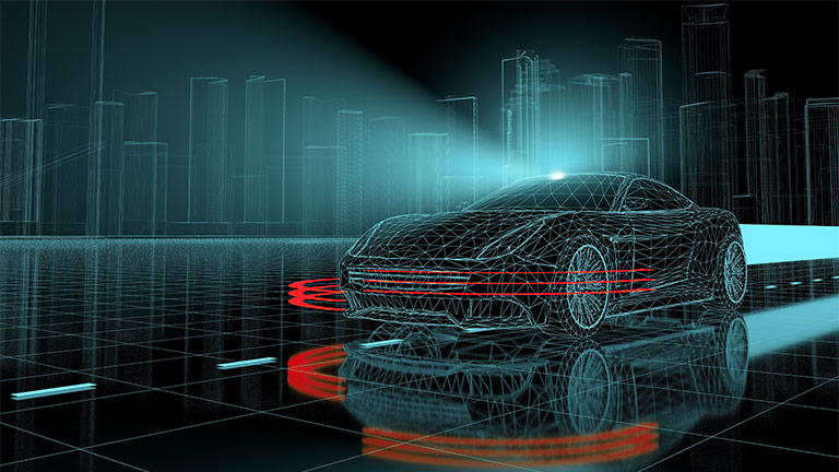 View of autonomous vehicle as it interprets street signs - illustration