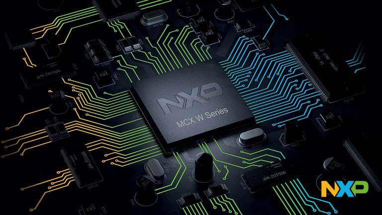 NXP's MCX W Series MCU - top side of the chip on a board