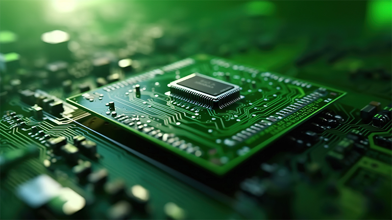 Green printed circuit board with various electronic components