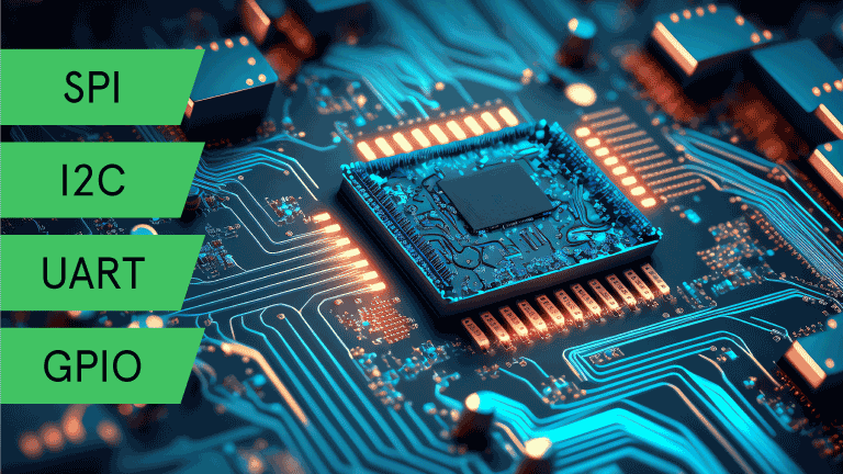 An IC on a PCB with glowing connections and serial interface names