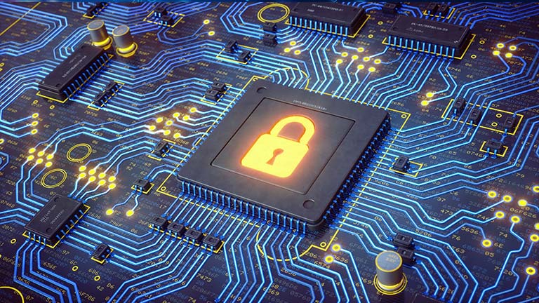 yellow key imbossed on micromicrochip attached to circuitboard