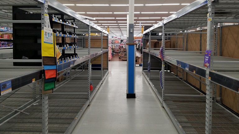 Empty shelves in a store