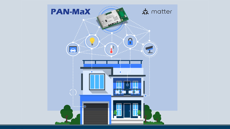 Panasonic PAN-MaX - Illustration of a smart home integrated with various devices, highlighting a Panasonic PAN-MaX chip.