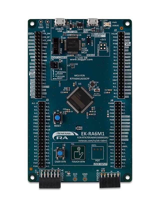 Top side of Renesas RA6M1 Evaluation Kit board