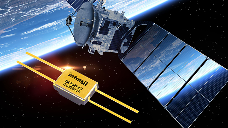 Renesas ISL70591SEH microchip with satellite and earth in the background