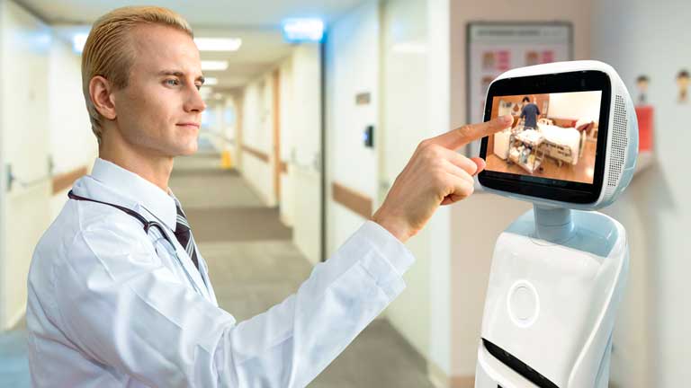Doctor checking on a patient from a remote patient monitoring device -- artificial intelligence