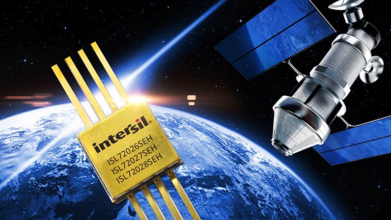 Renesas ISL7026-28SEH microchip with satellite and earth in the background