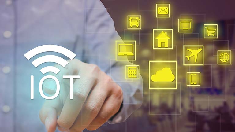 man touchign IoT wireless icons