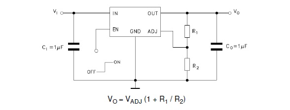 Figure 7 - An example application use case with the adjustable output voltage variant of the LDK130 (source ST) Figure 7 - An example application use case with the adjustable output voltage variant of the LDK130 (source ST)